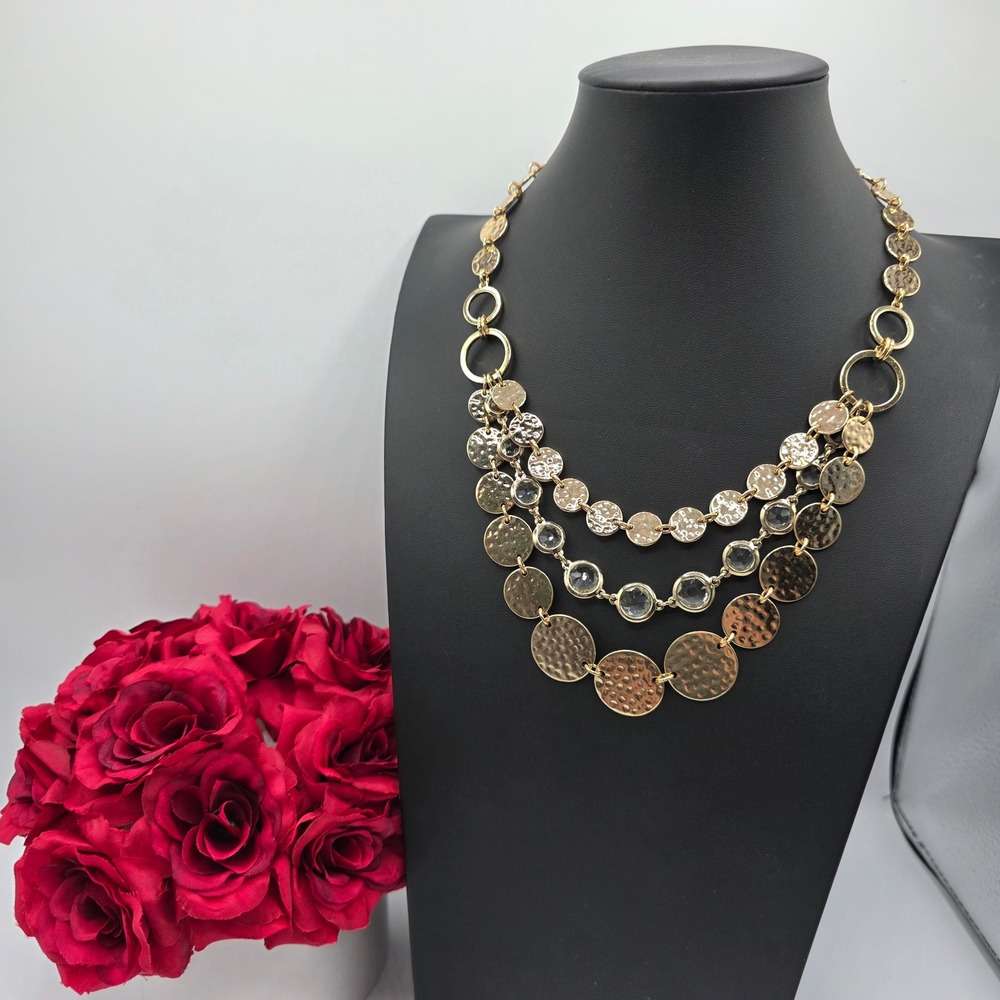 Dana Buchman Gold‎ Tone Hammered Disc Clear Crystal Multi Strand Bib Necklace